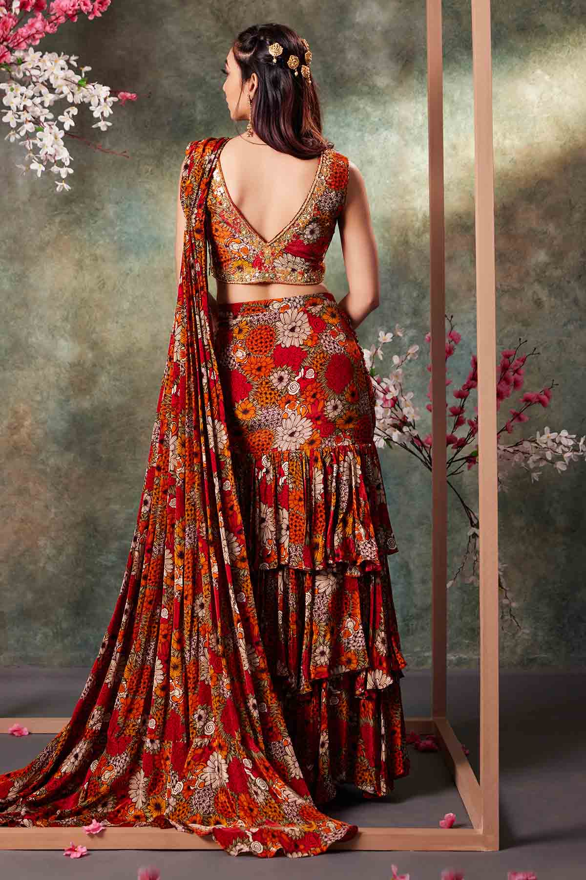 Orange Ruffle Pre-Draped Saree