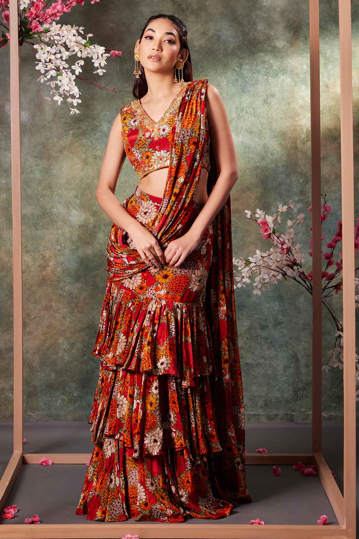 Buy Orange Ruffle Pre-Draped Saree by Mehak Murpana for women online at ScrollnShops