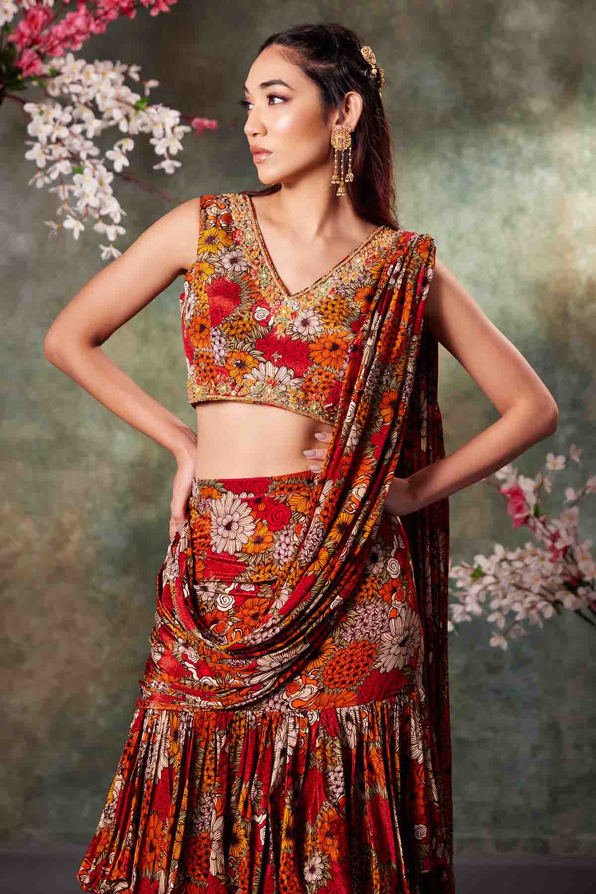 Orange Ruffle Pre-Draped Saree