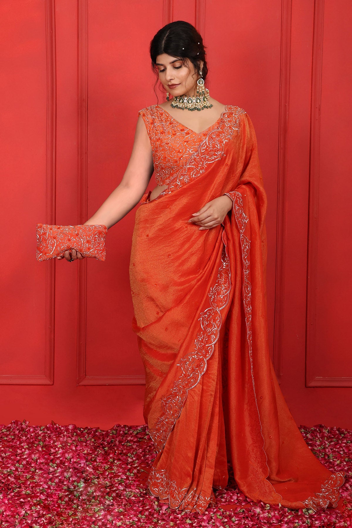 Buy Orange Saree & V-Neck Blouse by Namita Sharma for women online at ScrollnShops