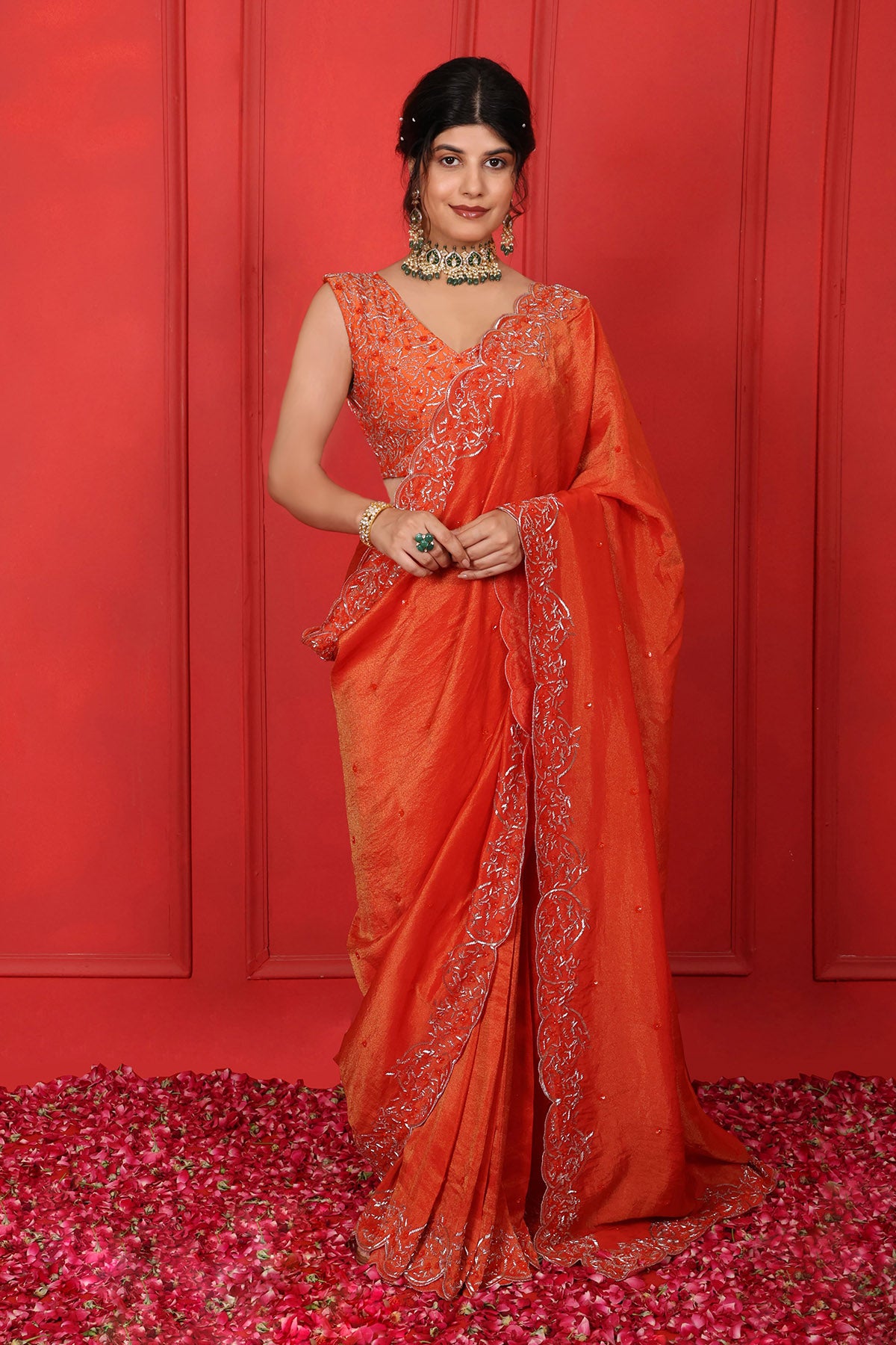 Orange Saree & V-Neck Blouse