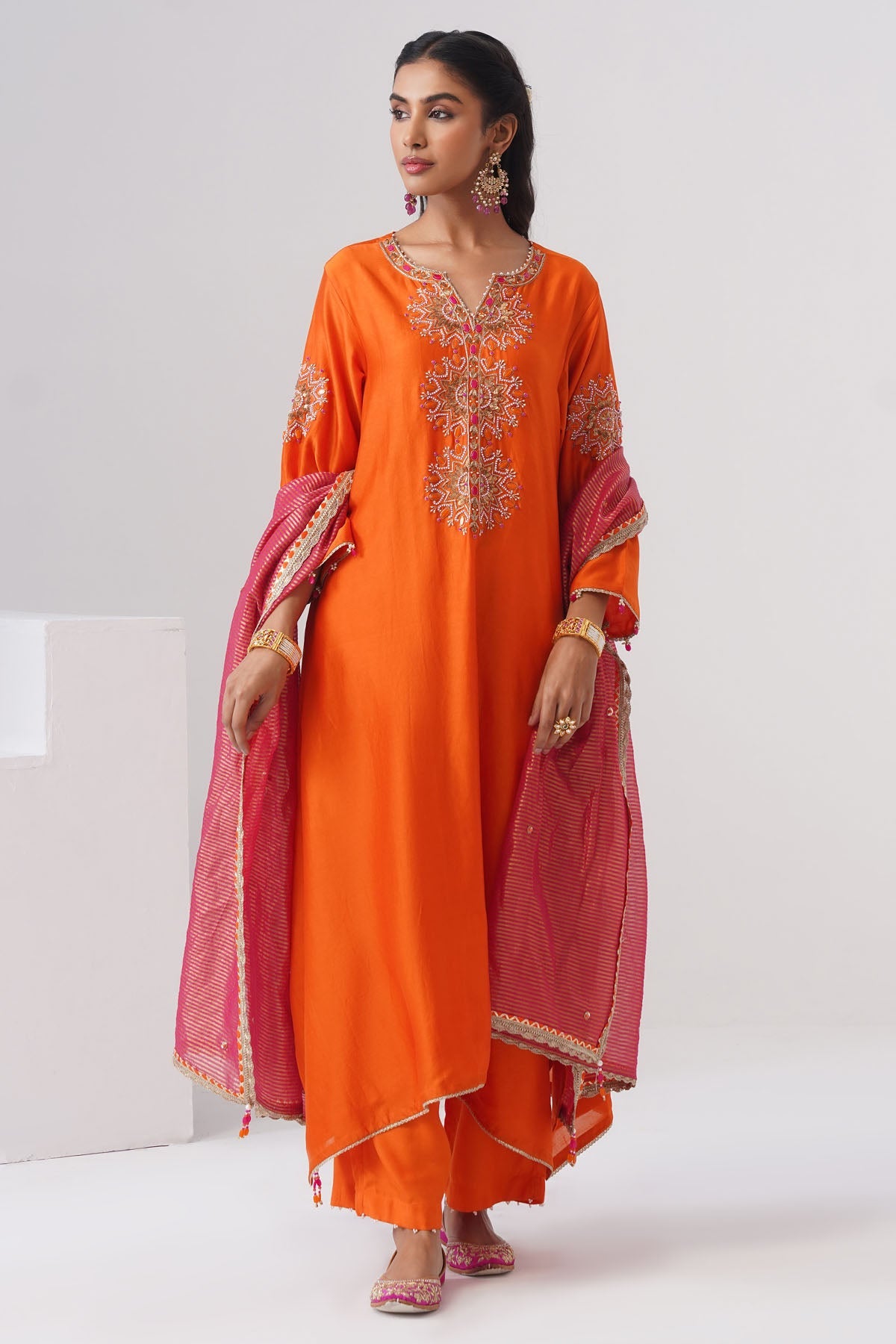 Buy Orange Semi Stoned Kurta Set for women by Ugna by Unnati online available at scrollnshops