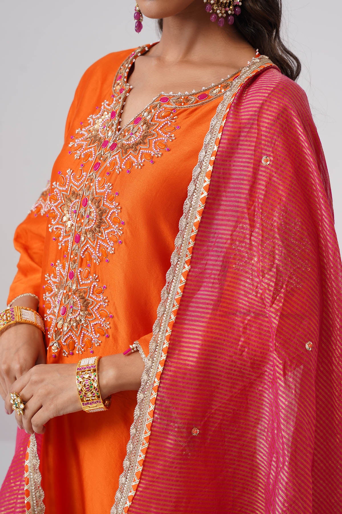 Orange Semi Stoned Kurta Set