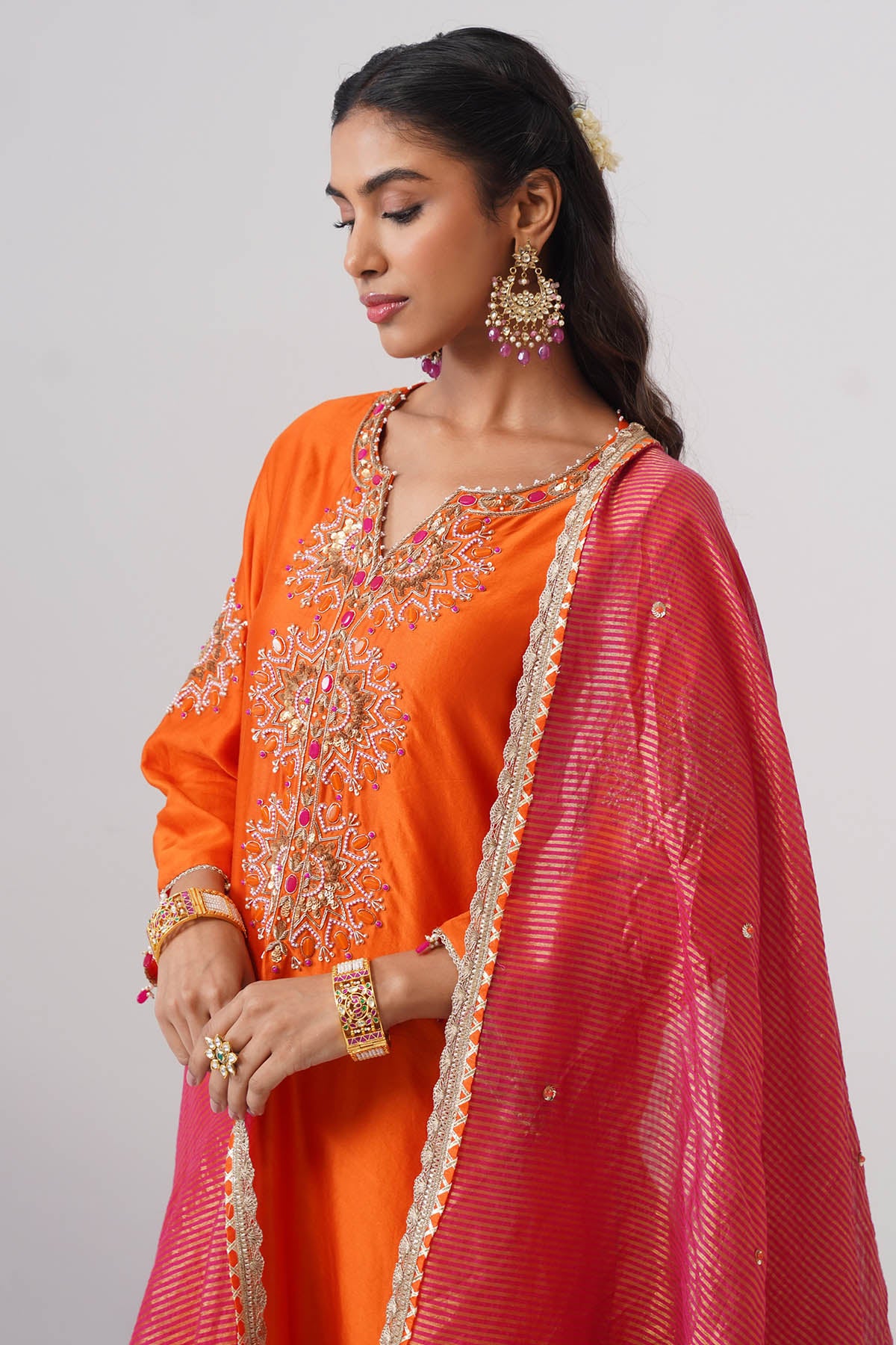 Orange Semi Stoned Kurta Set