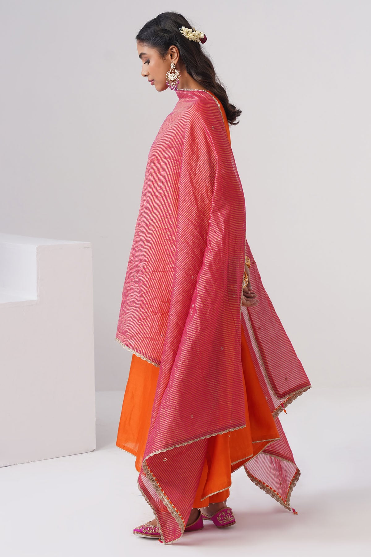 Orange Semi Stoned Kurta Set