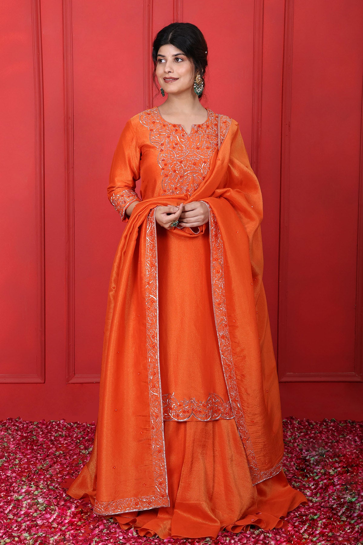 Orange Sequins Work Lehenga Set