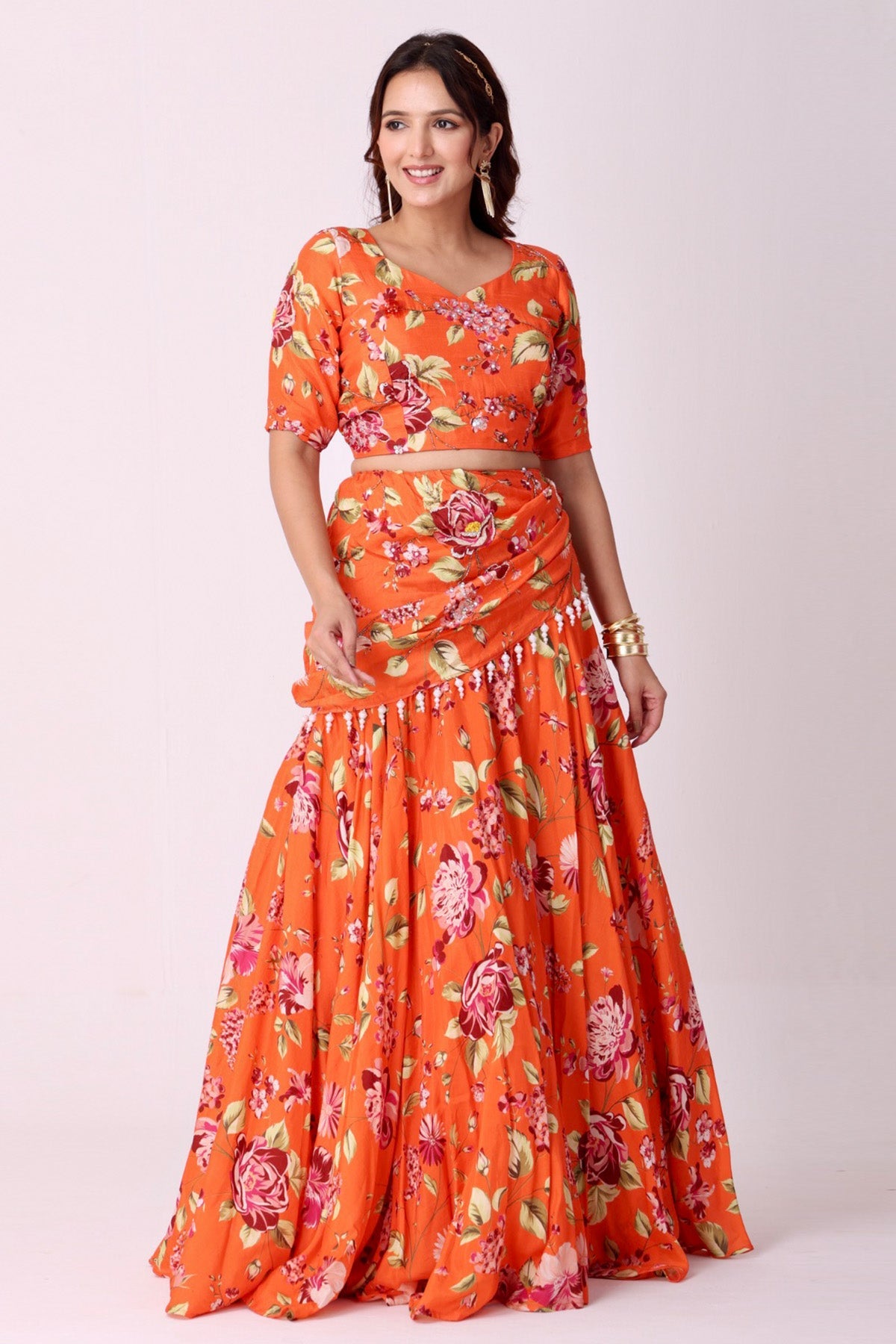 Buy Orange Silk Floral Lehenga Set for women by Namita Sharma Designer online available at scrollnshops