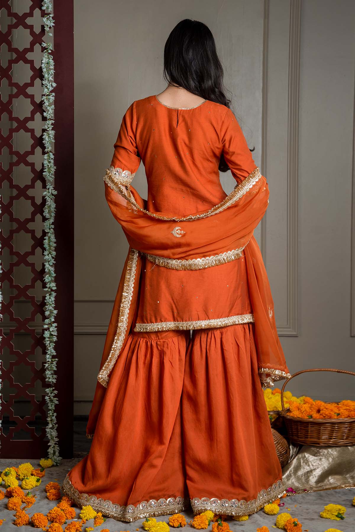 Orange Silk Organza Lace Dupatta