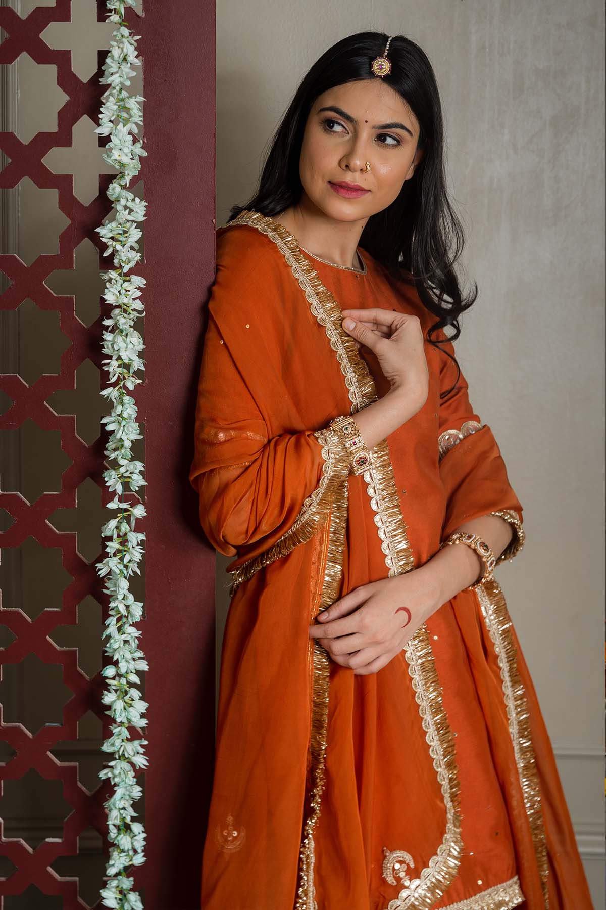 Orange Silk Organza Lace Dupatta