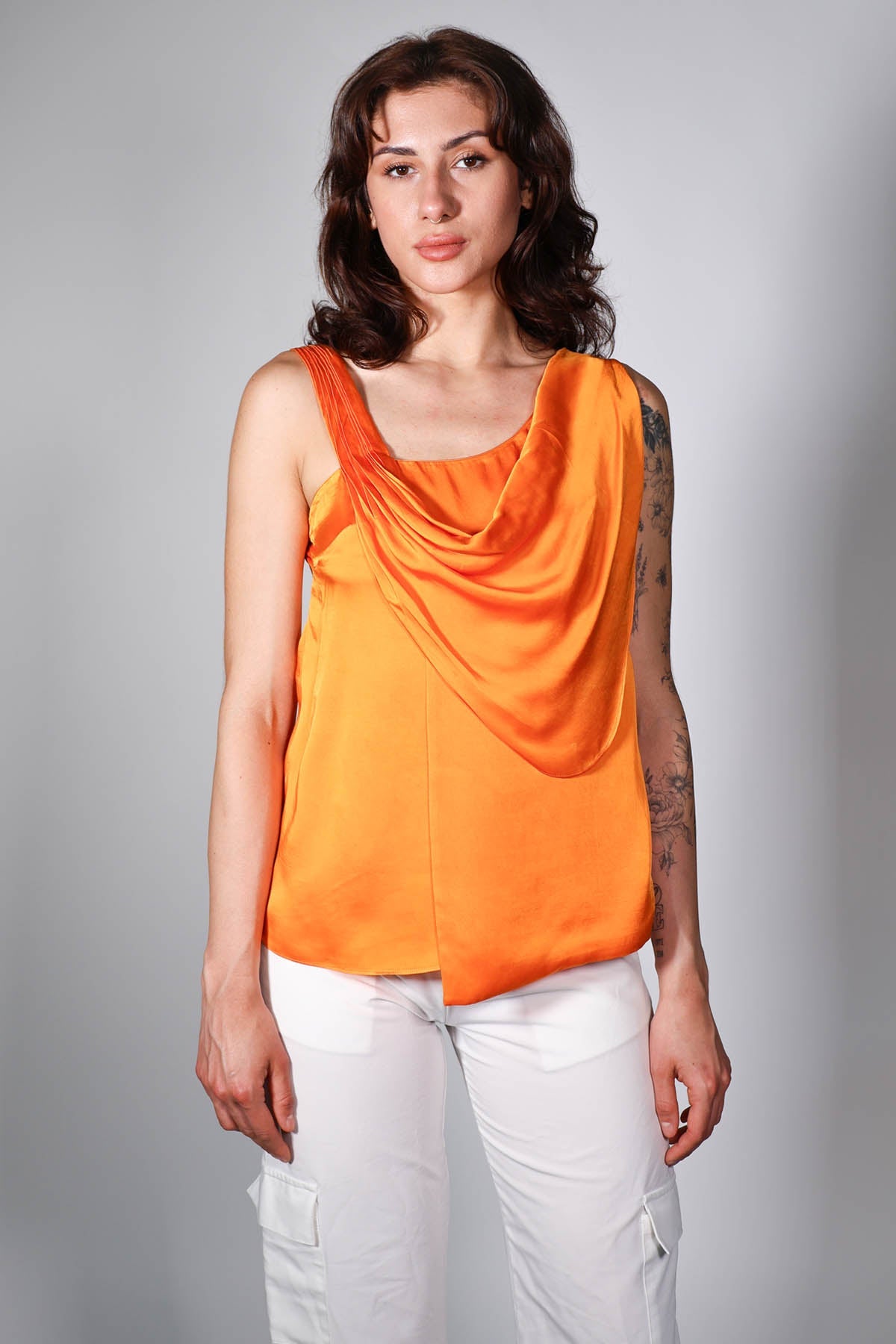 Buy Arya Giri Orange Sleeveless Draped Top