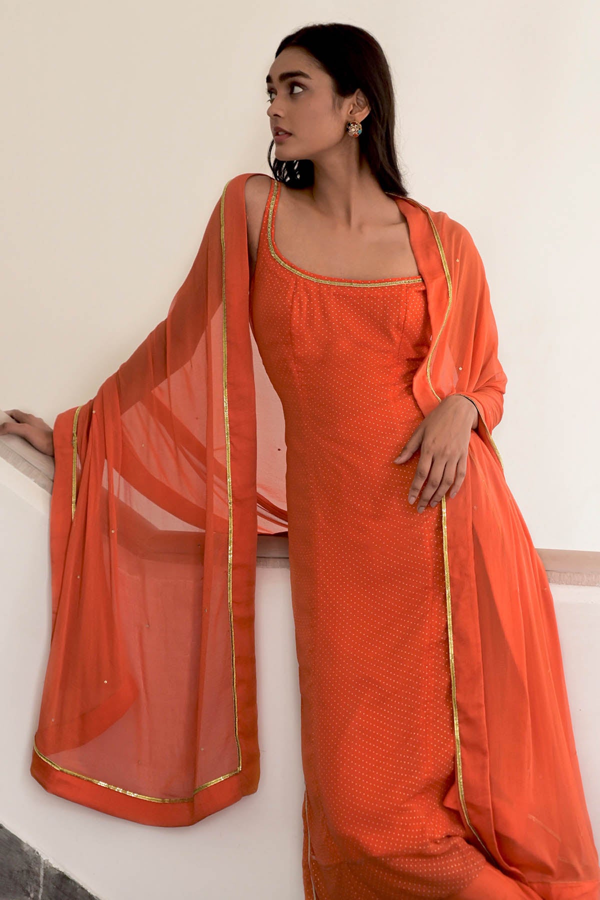 Orange Sleeveless Lace Kurta Set