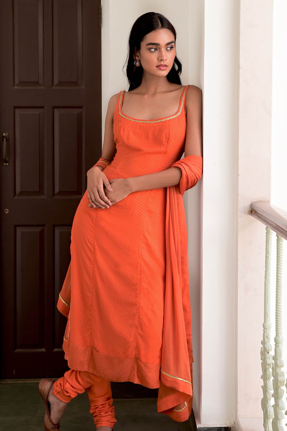 Orange Sleeveless Lace Kurta Set