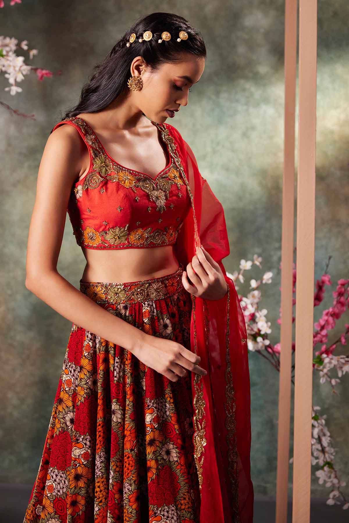Orange Sleeveless Lehenga Set