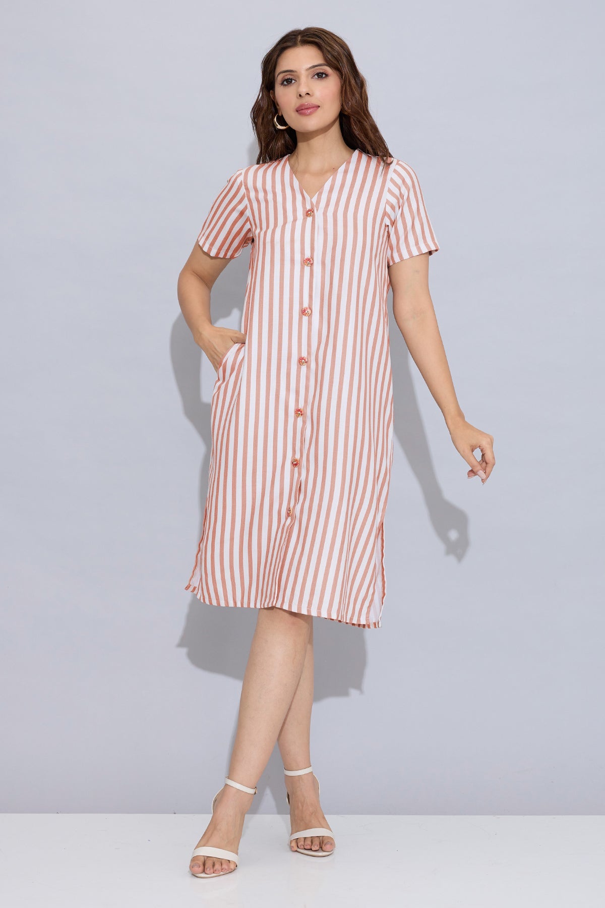 Buy Orange Stripe Button Down Dress for Women by SNEHA B Designer online available at scrollnshops