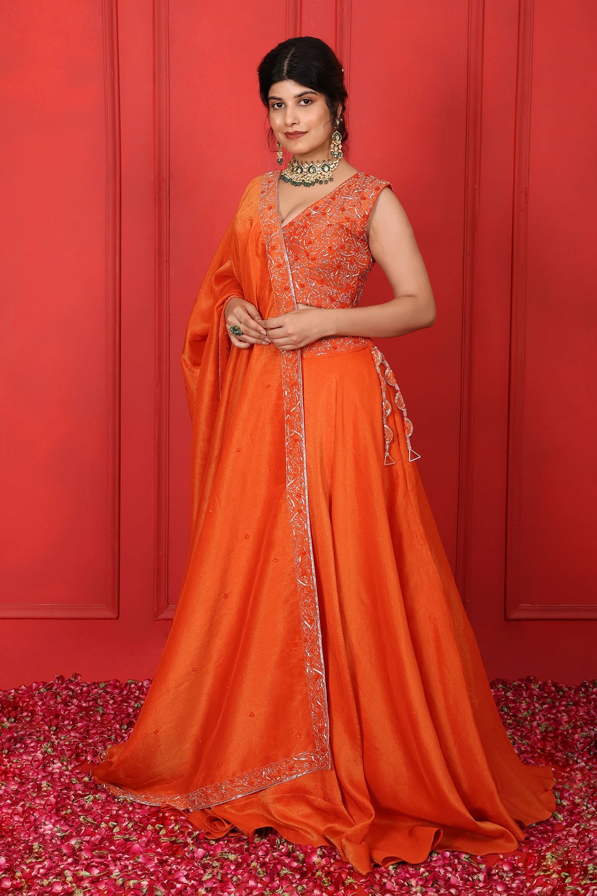 Buy Orange Thread V-Neck Lehenga Set by Namita Sharma for women online at ScrollnShops