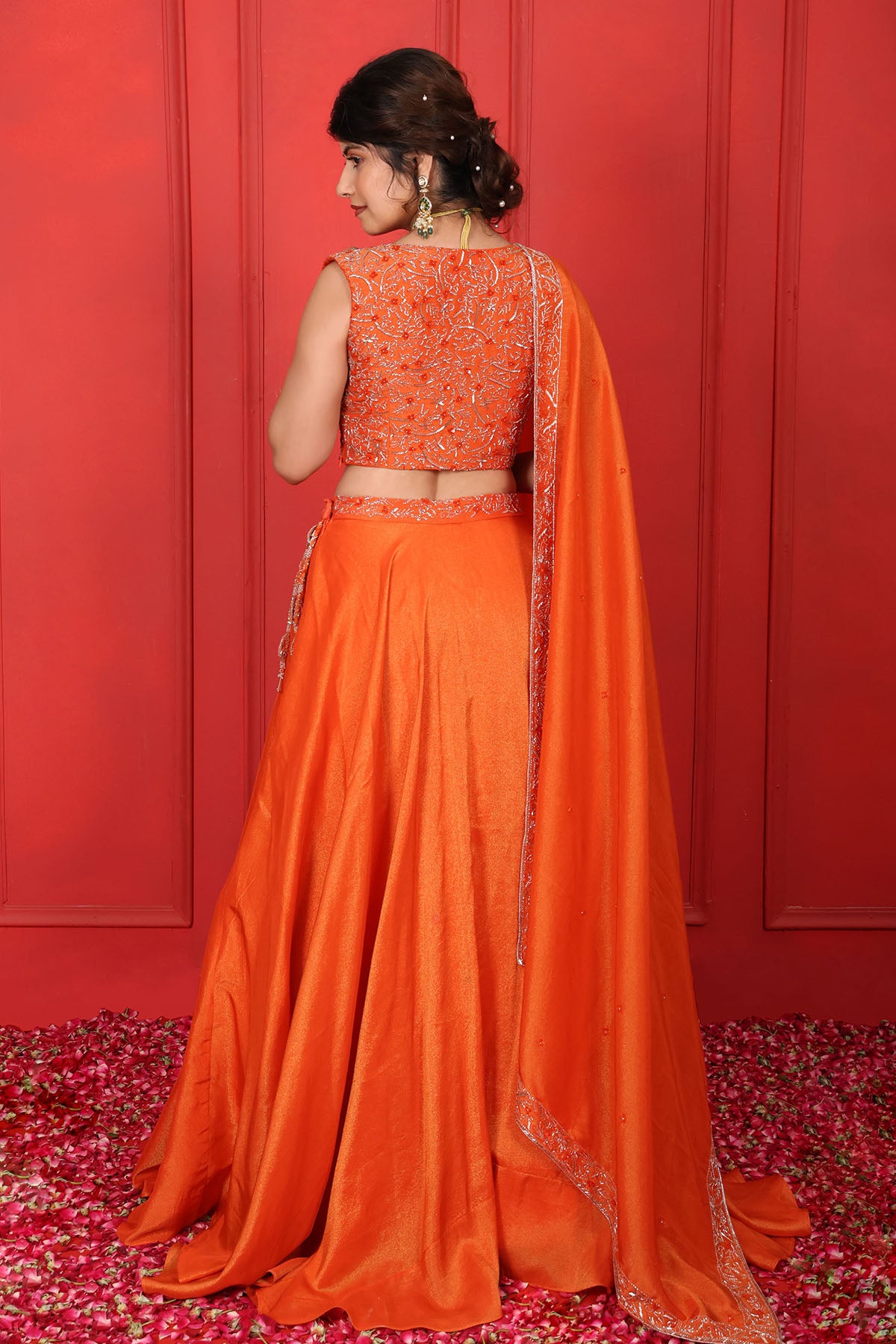 Orange Thread V-Neck Lehenga Set