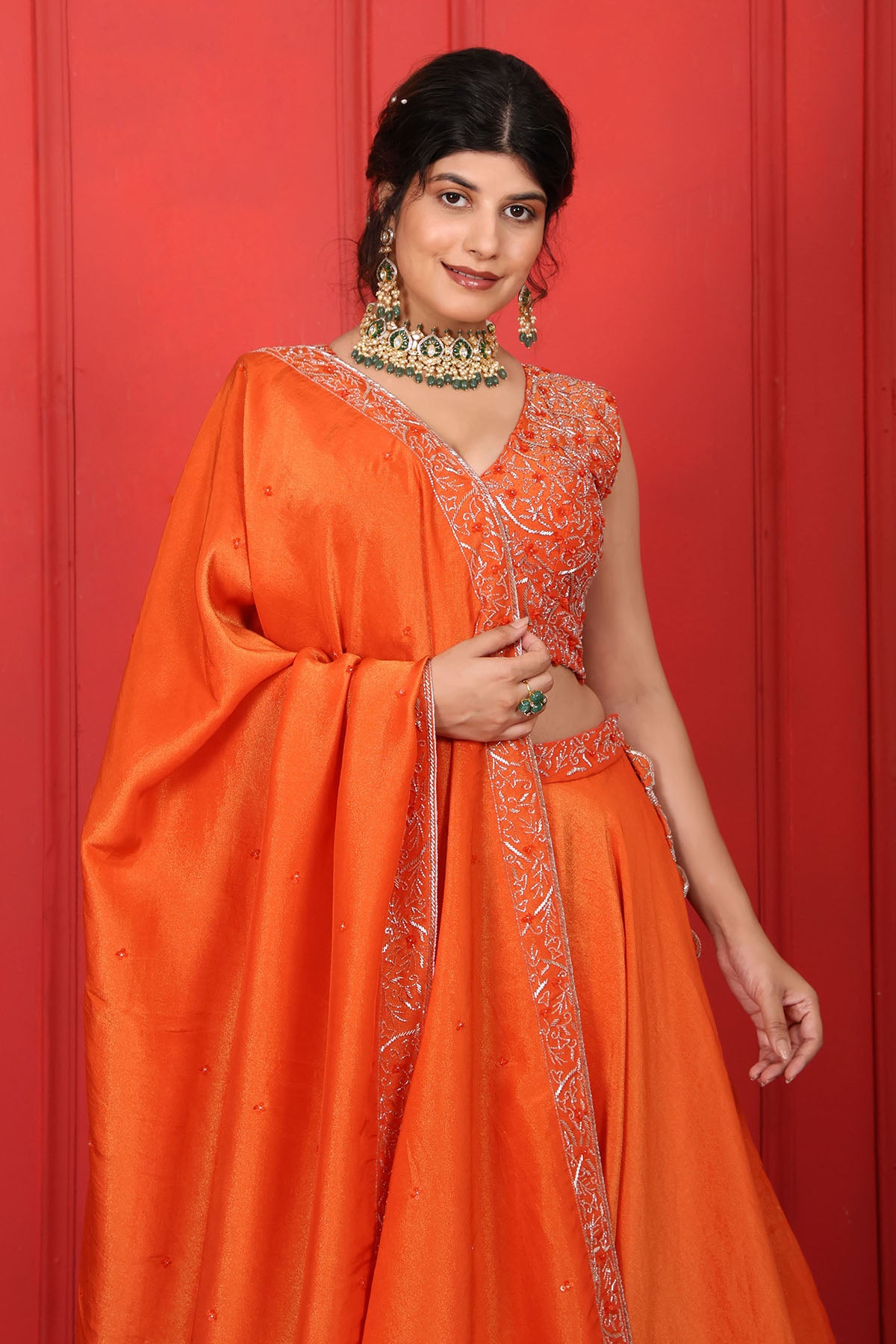 Orange Thread V-Neck Lehenga Set