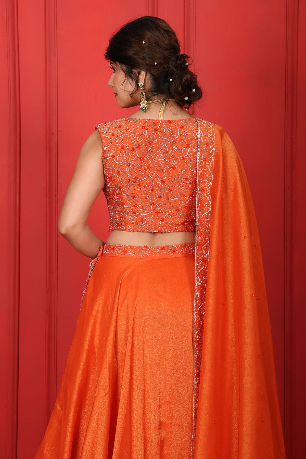 Orange Thread V-Neck Lehenga Set
