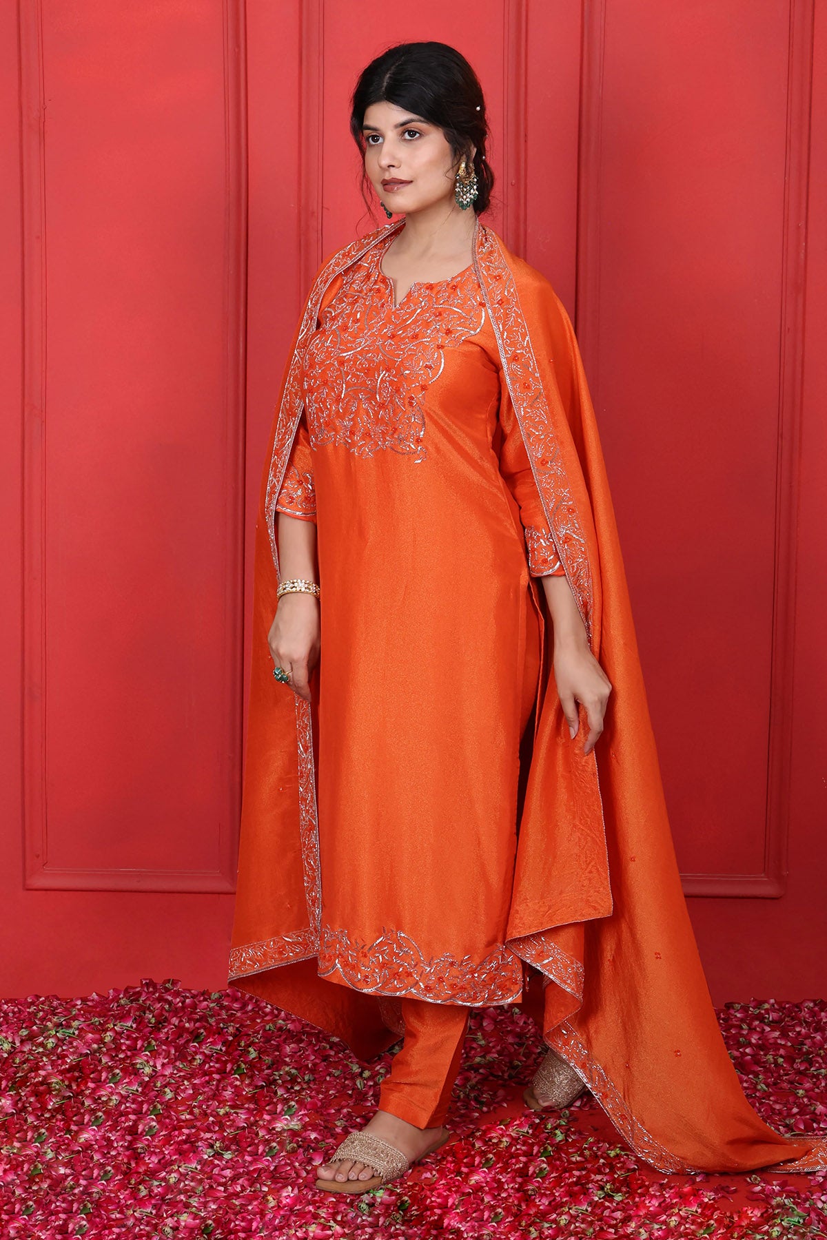 Orange Thread Work Kurta Set
