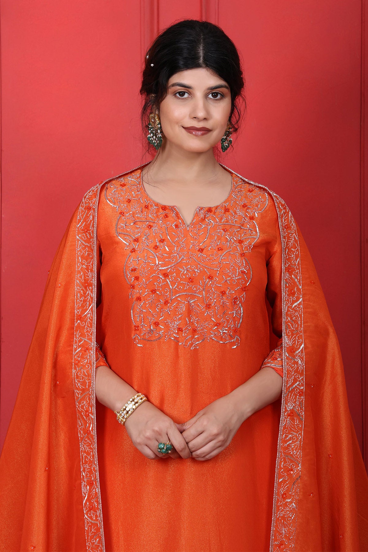 Orange Thread Work Kurta Set