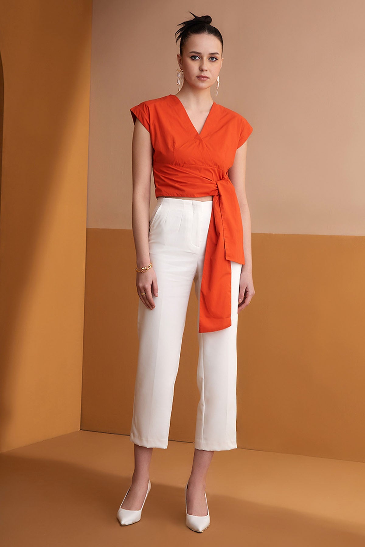 Vanten Orange Tie-Up Detail Crop Top for women online at ScrollnShops