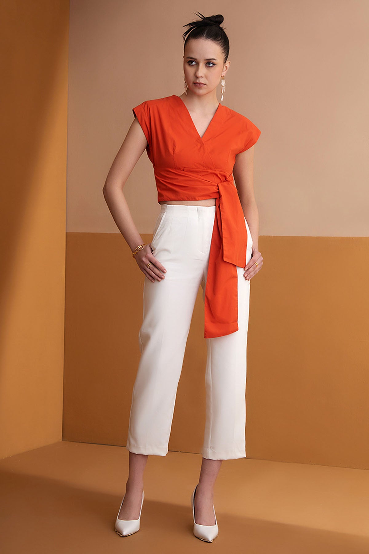 Orange Tie-Up Detail Crop Top