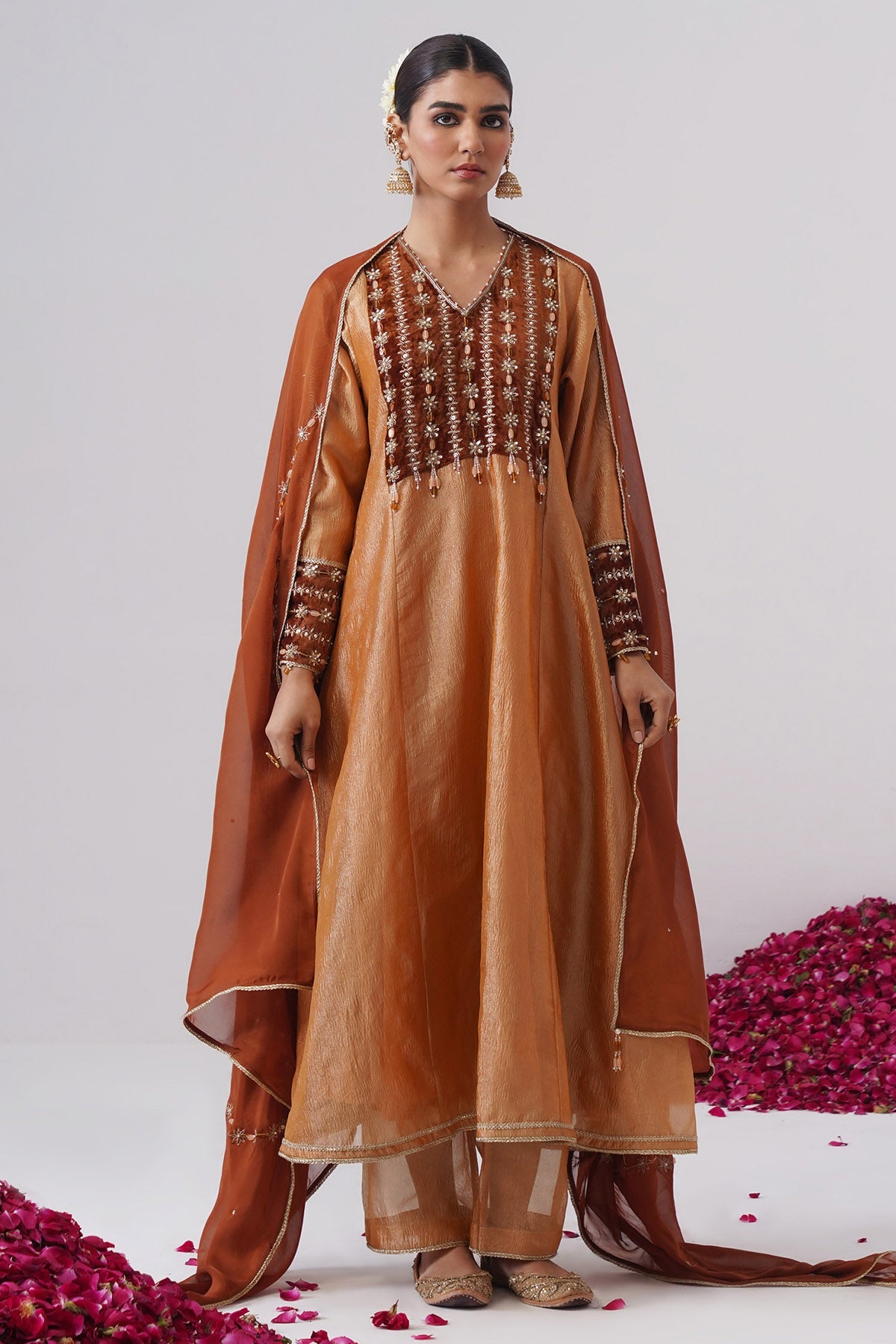 Buy Orange Tissue Silk Anarkali Set for women by Ugna by Unnati online available at scrollnshops