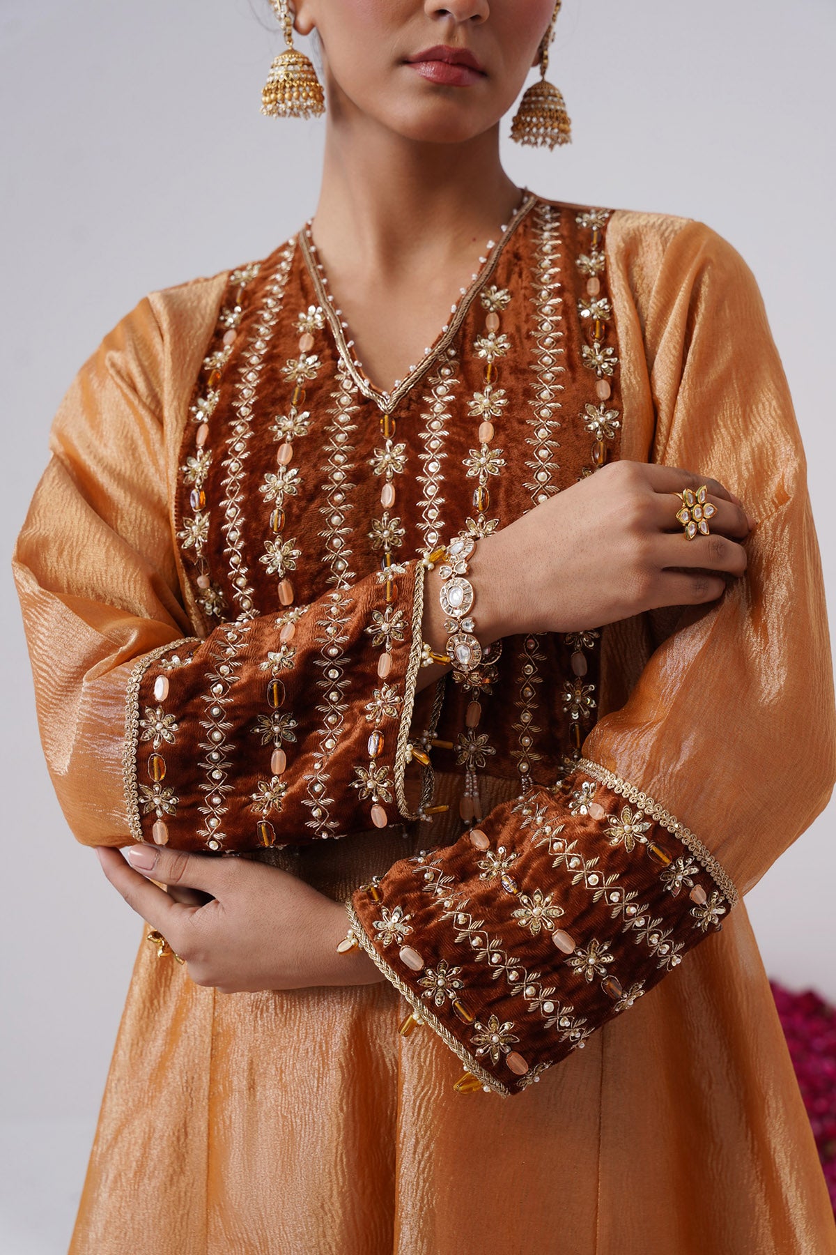 Orange Tissue Silk Anarkali Set