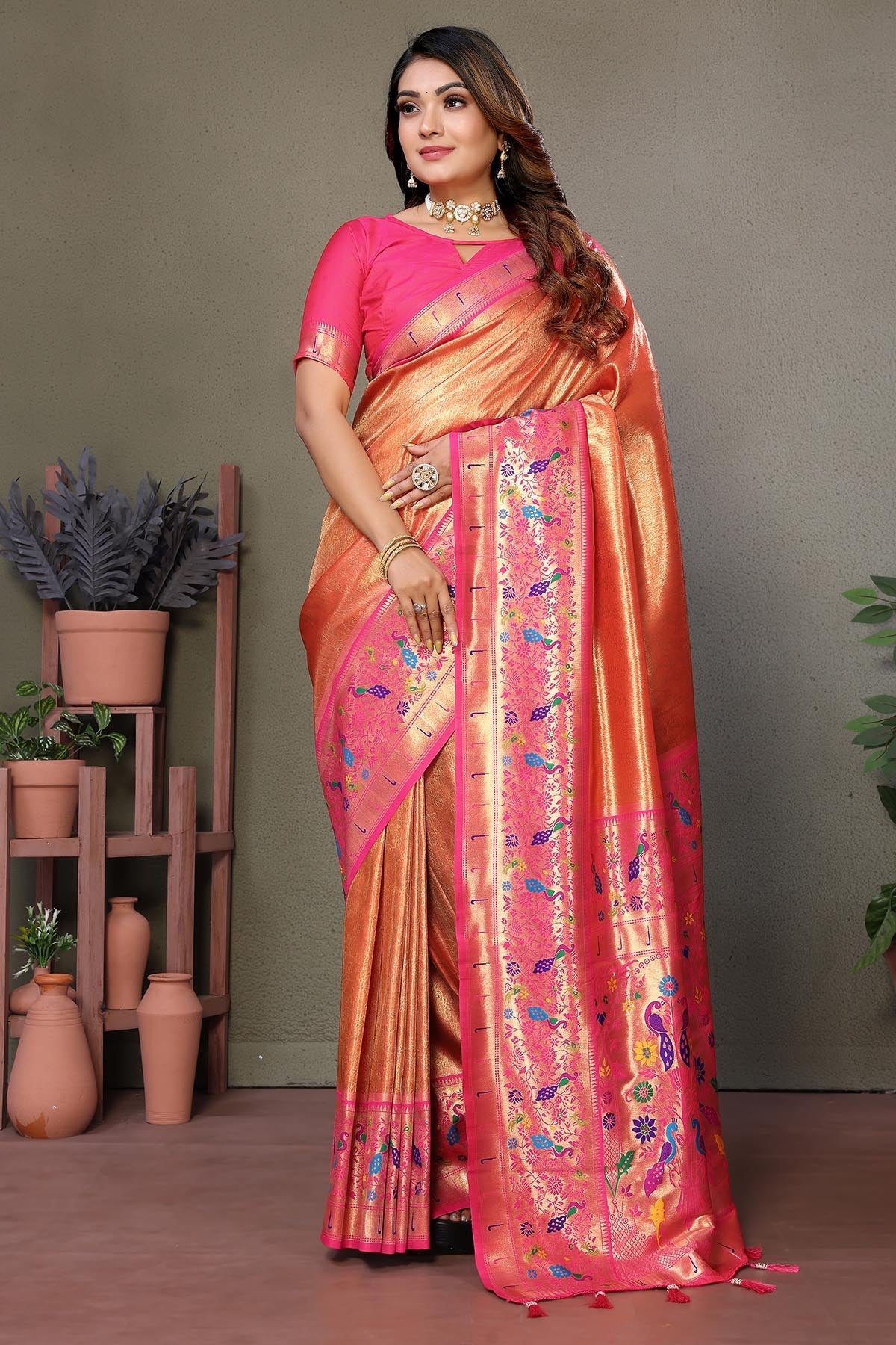 Buy Orange Tissue Silk Woven Saree for women by Aastha Fashion online available at scrollnshops