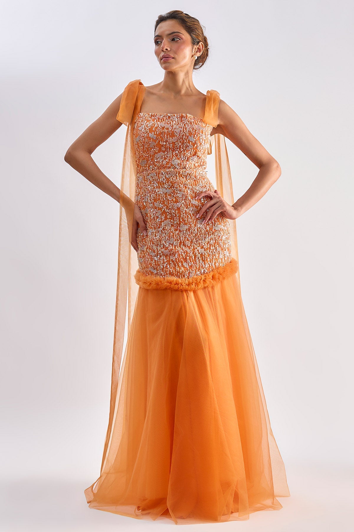 Buy Orange Tulle Ruffle Beads Gown for women by Emblaze online available at scrollnshops