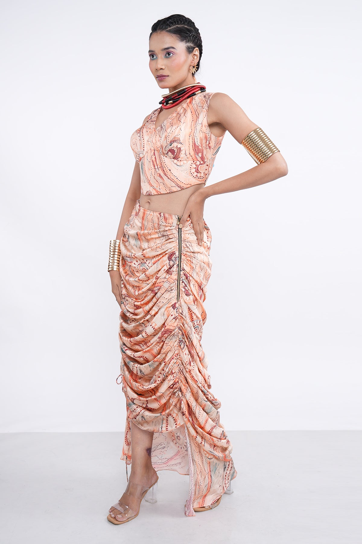 Orange V-Neck Corset Top & Skirt