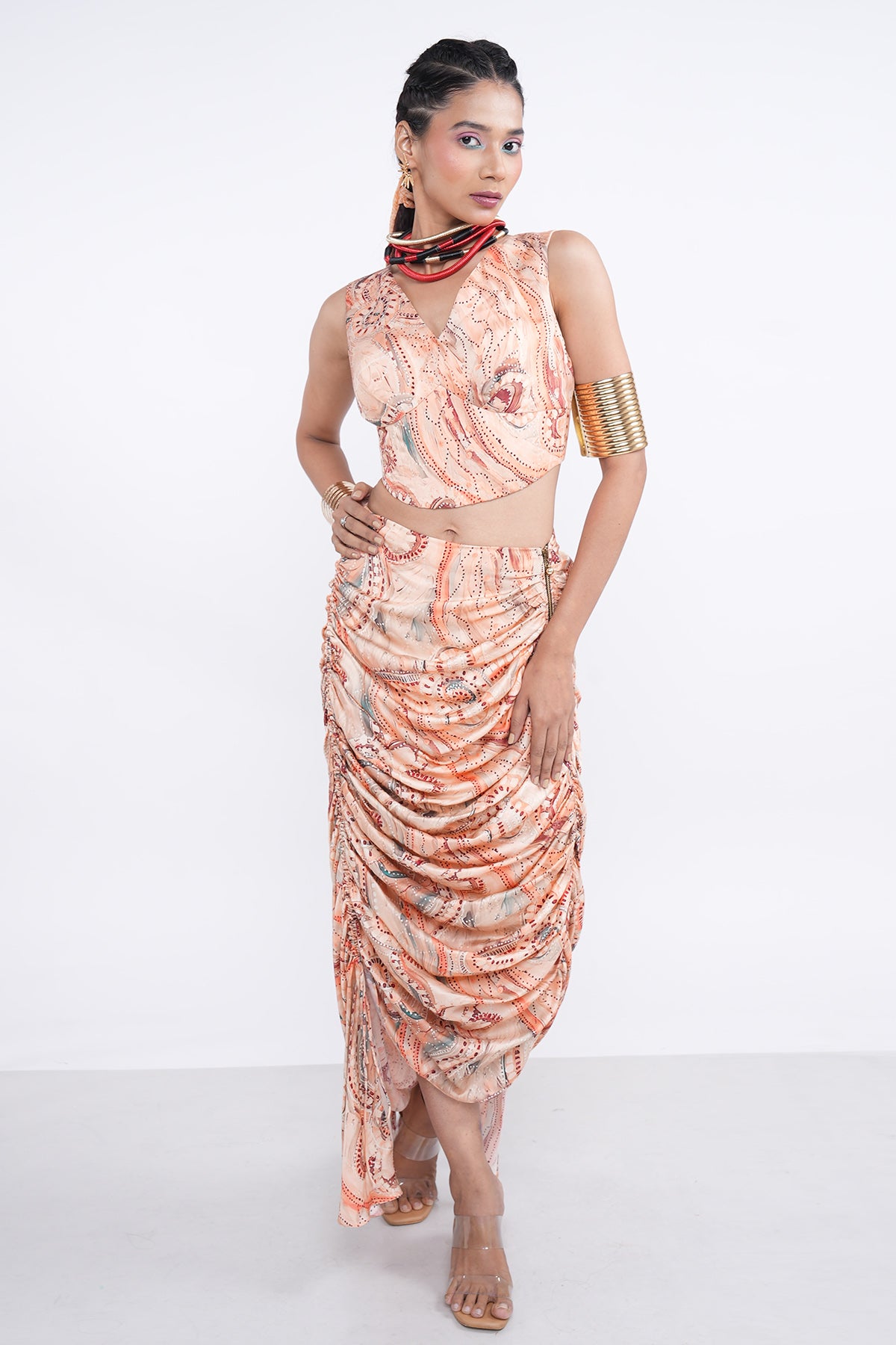 Orange V-Neck Corset Top & Skirt