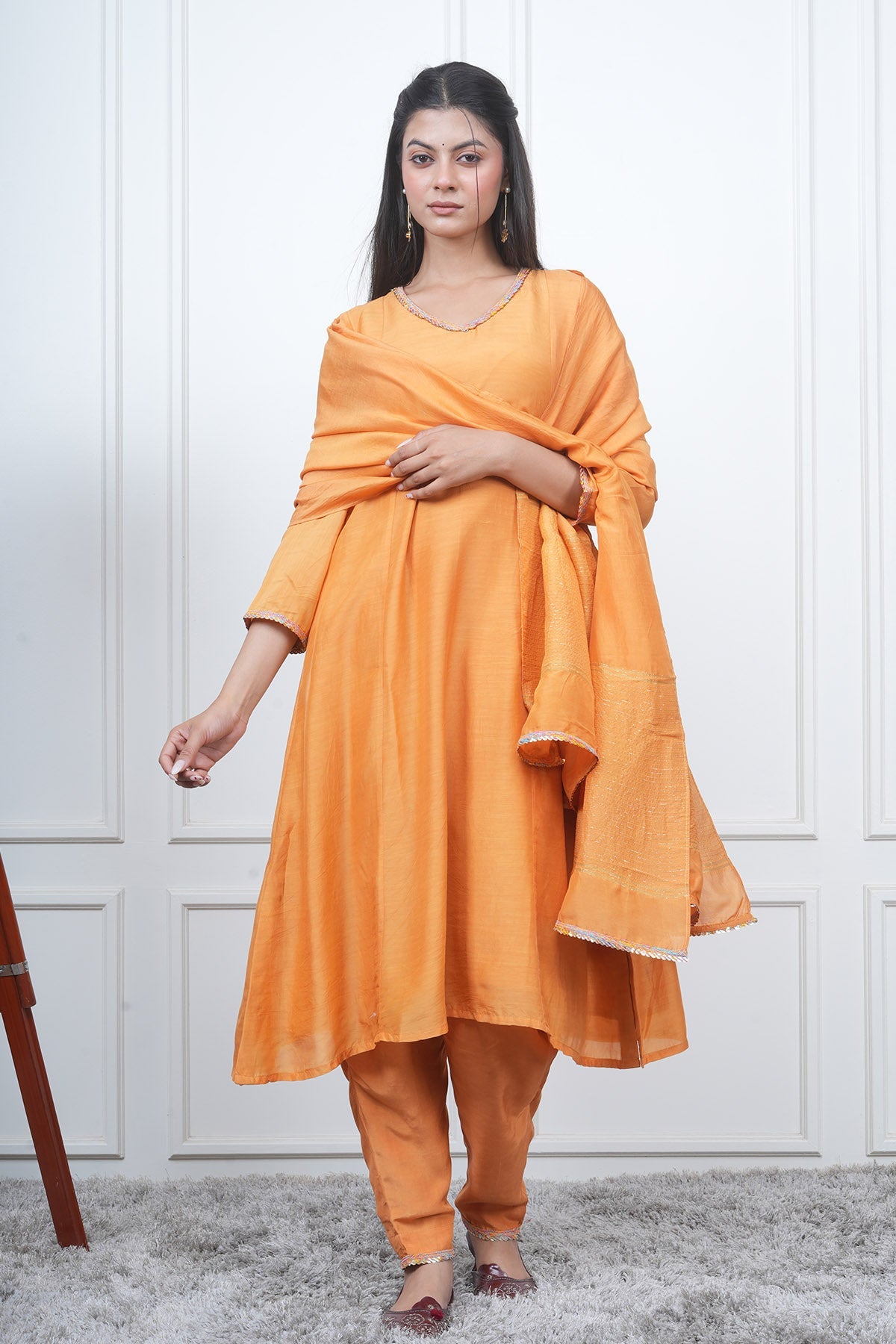 Buy Orange V-Neck Flared Kurta Set by Eesha Gupta for women online at ScrollnShops