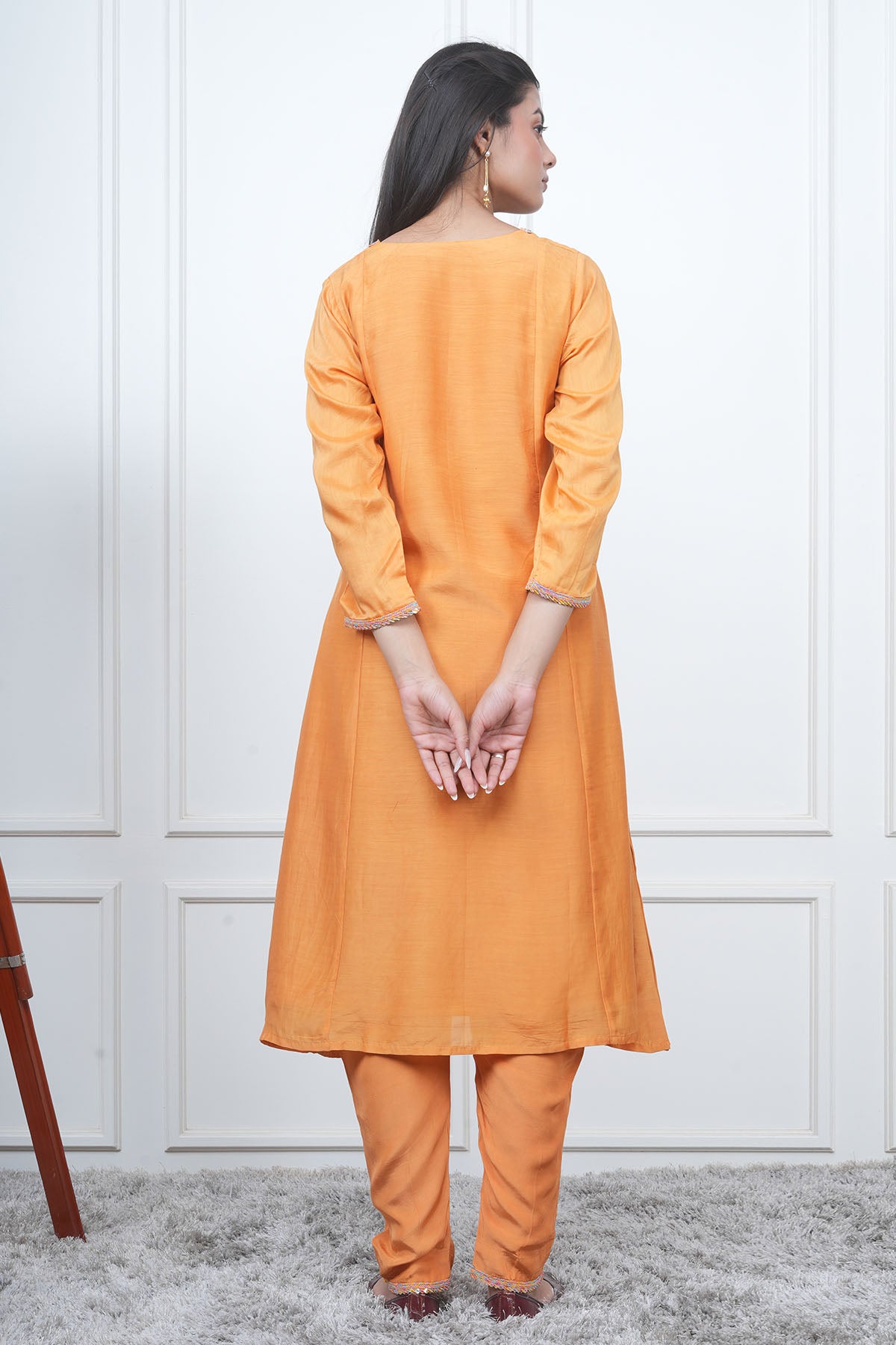 Orange V-Neck Flared Kurta Set