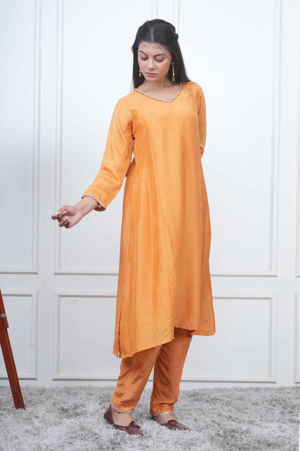 Orange V-Neck Flared Kurta Set