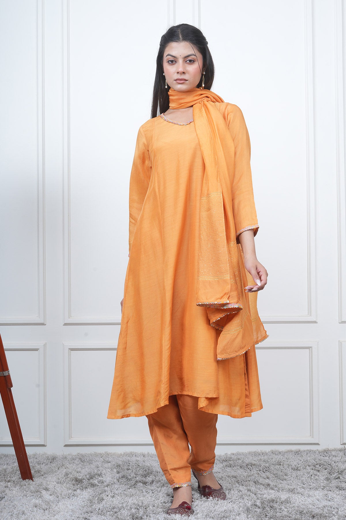 Orange V-Neck Flared Kurta Set