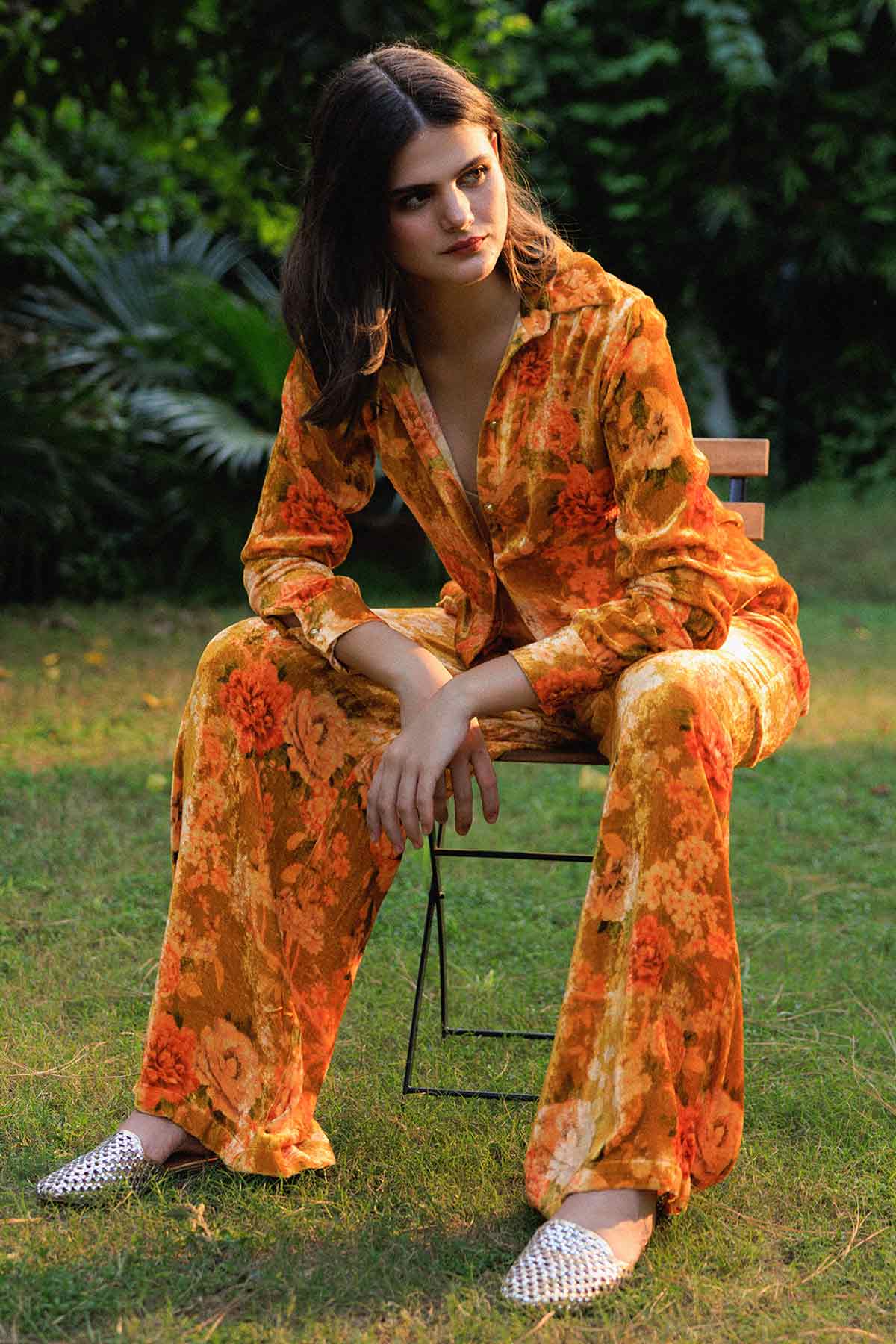 Orange Velvet Print Co-ord Set