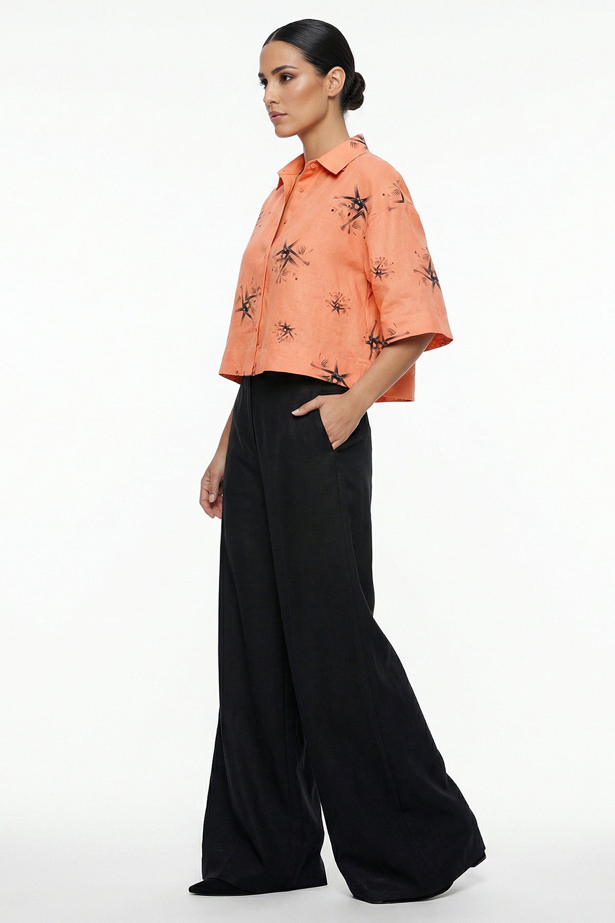 Orange Viscose Blend Crop Shirt
