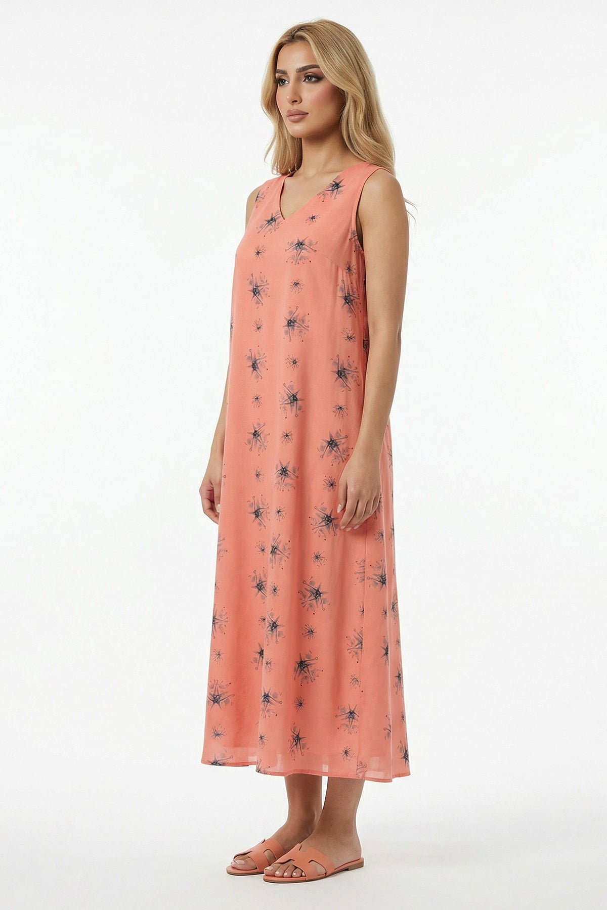 Orange Viscose Fluid Midi Dress