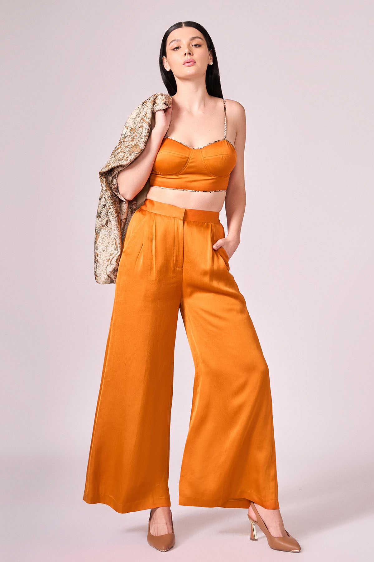 Orange Viscose Print Jacket Set