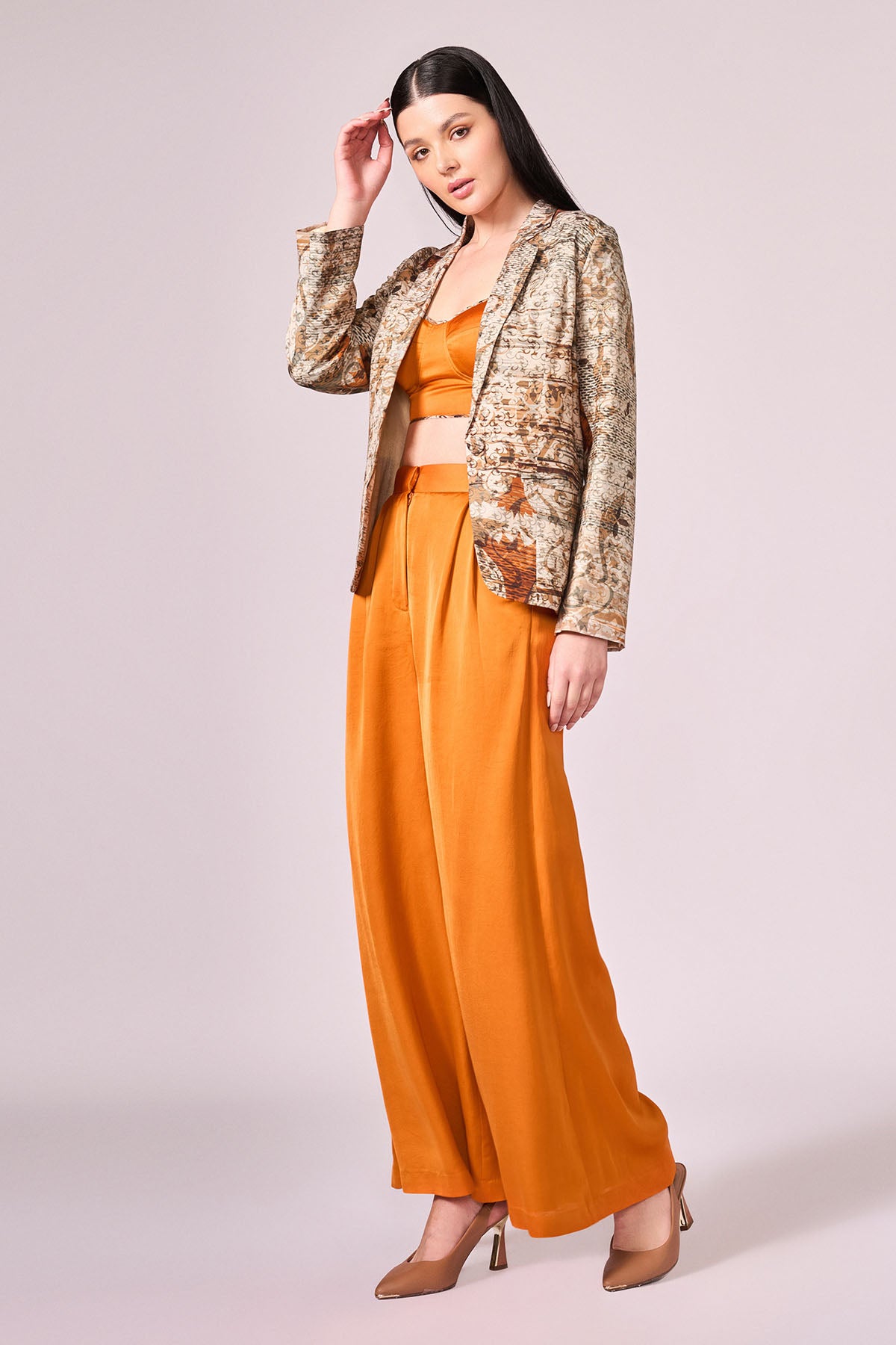 Orange Viscose Print Jacket Set