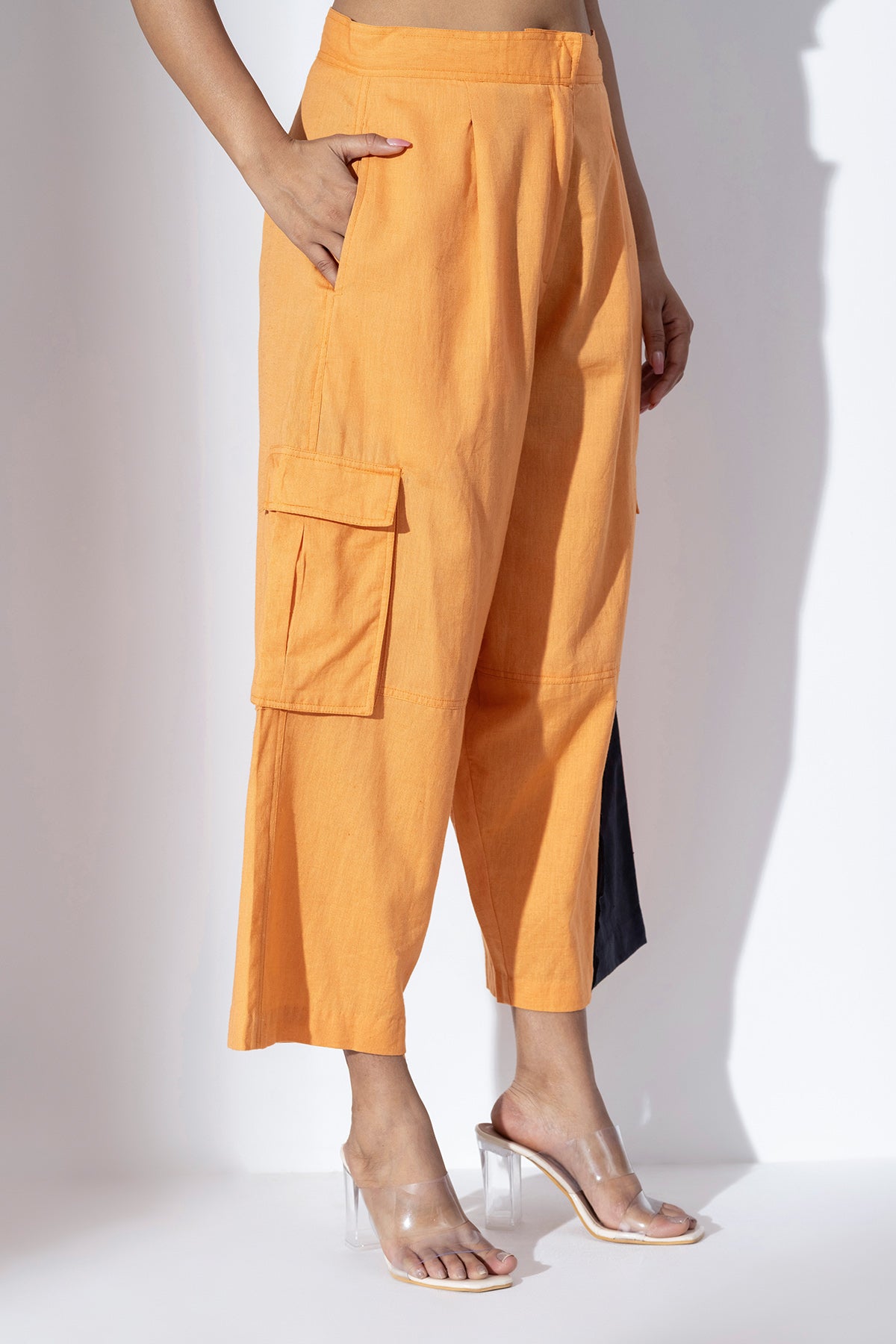 Orange Wide-Leg Crop Cargo Pants