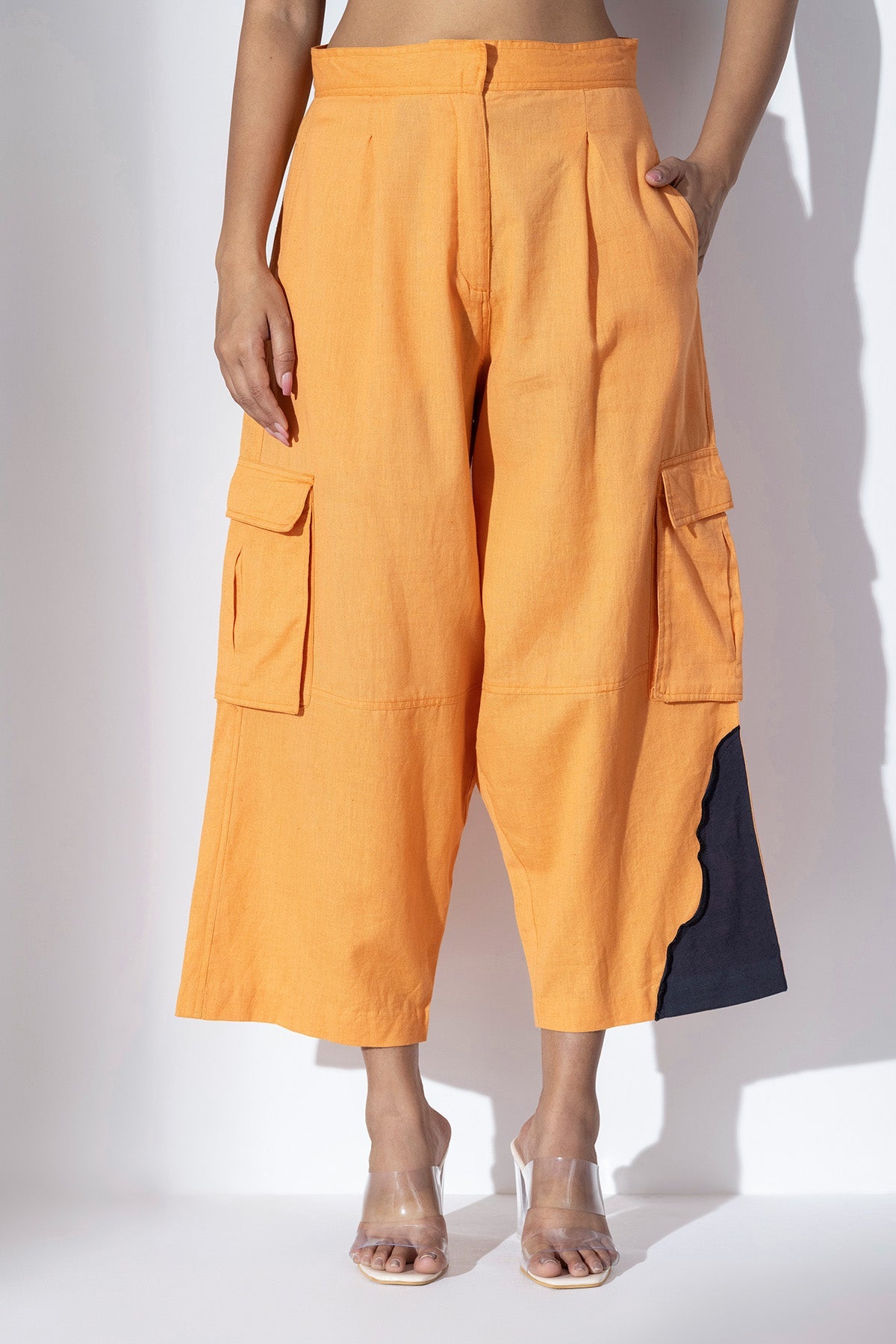Buy Orange Wide-Leg Crop Cargo Pants by Markkah Studio for Women online at ScrollnShops