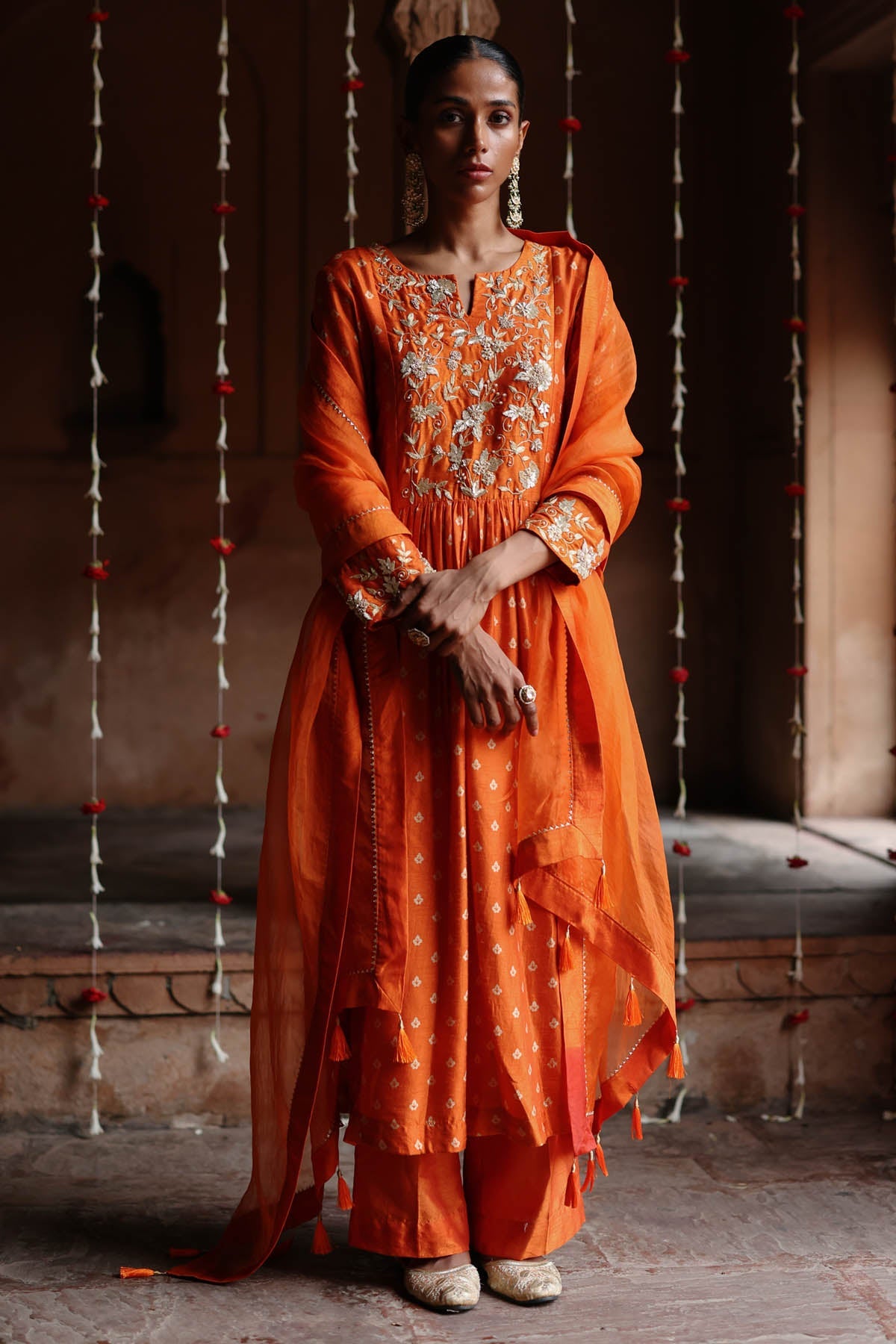 Megha Pitti Orange Zardosi Print Kurta Set for women online at ScrollnShops
