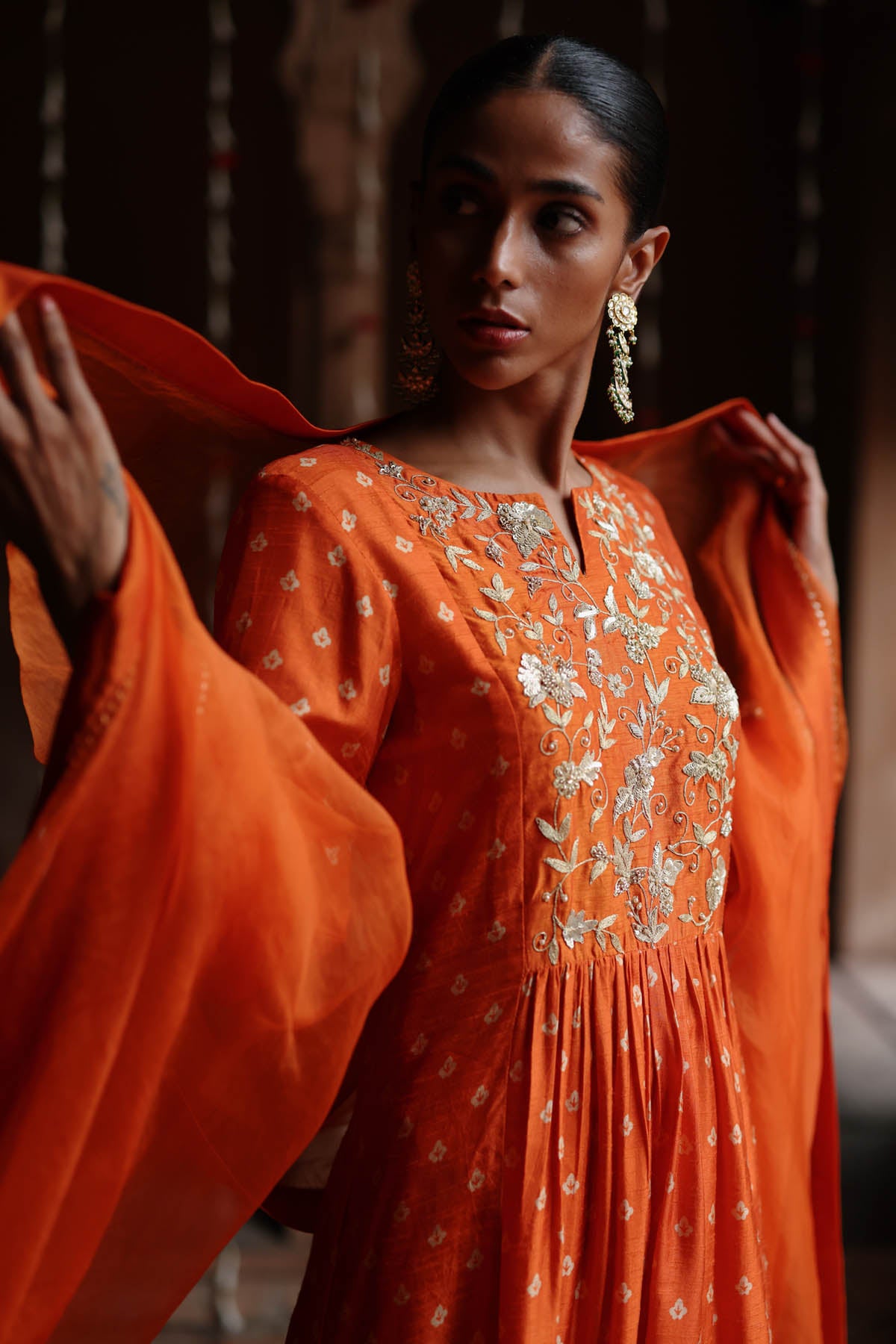 Orange Zardosi Print Kurta Set