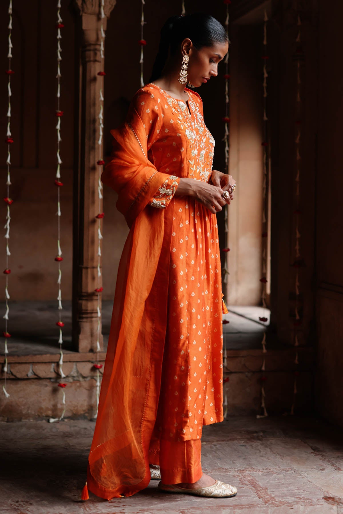 Orange Zardosi Print Kurta Set