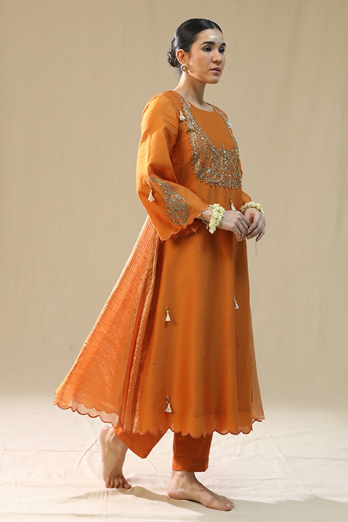 Orange Zardozi A-Line Kurta Set
