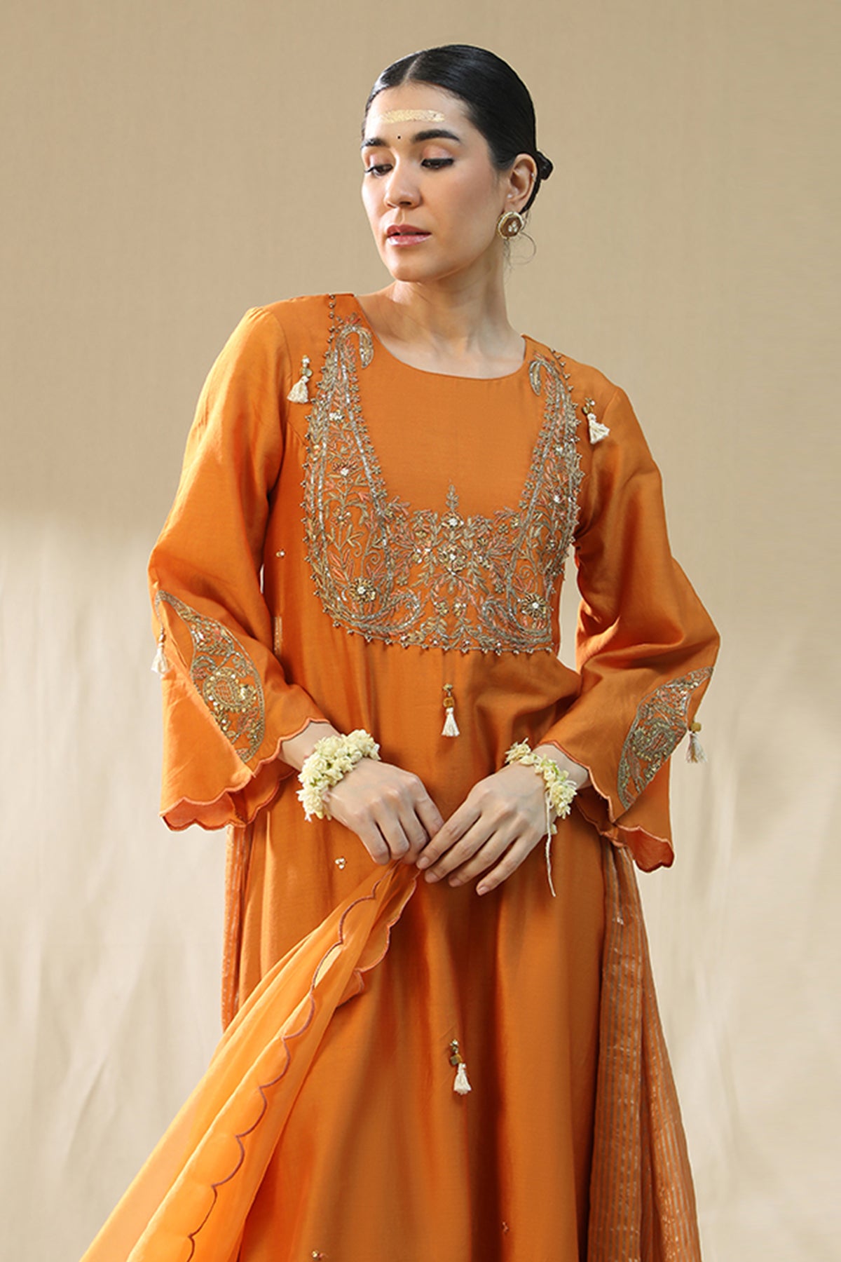 Orange Zardozi A-Line Kurta Set