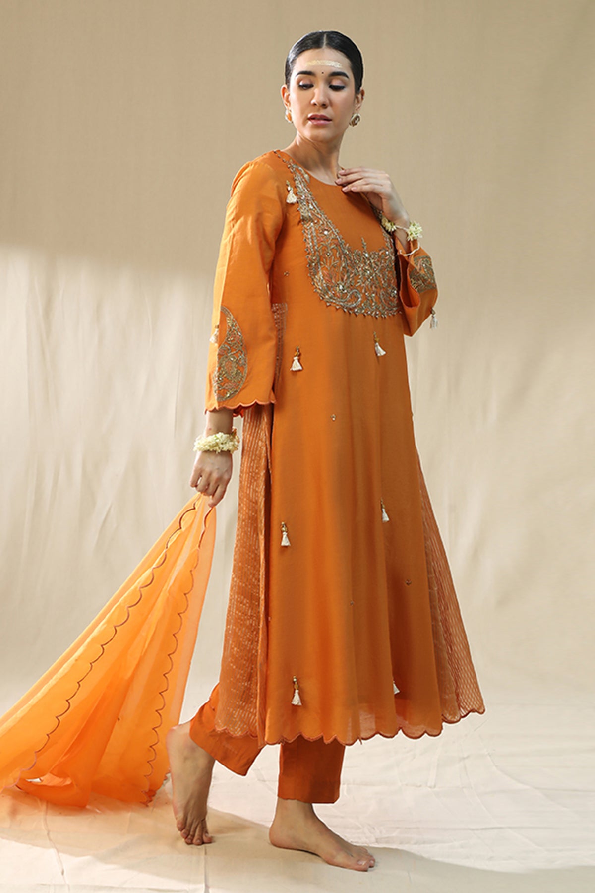 Orange Zardozi A-Line Kurta Set