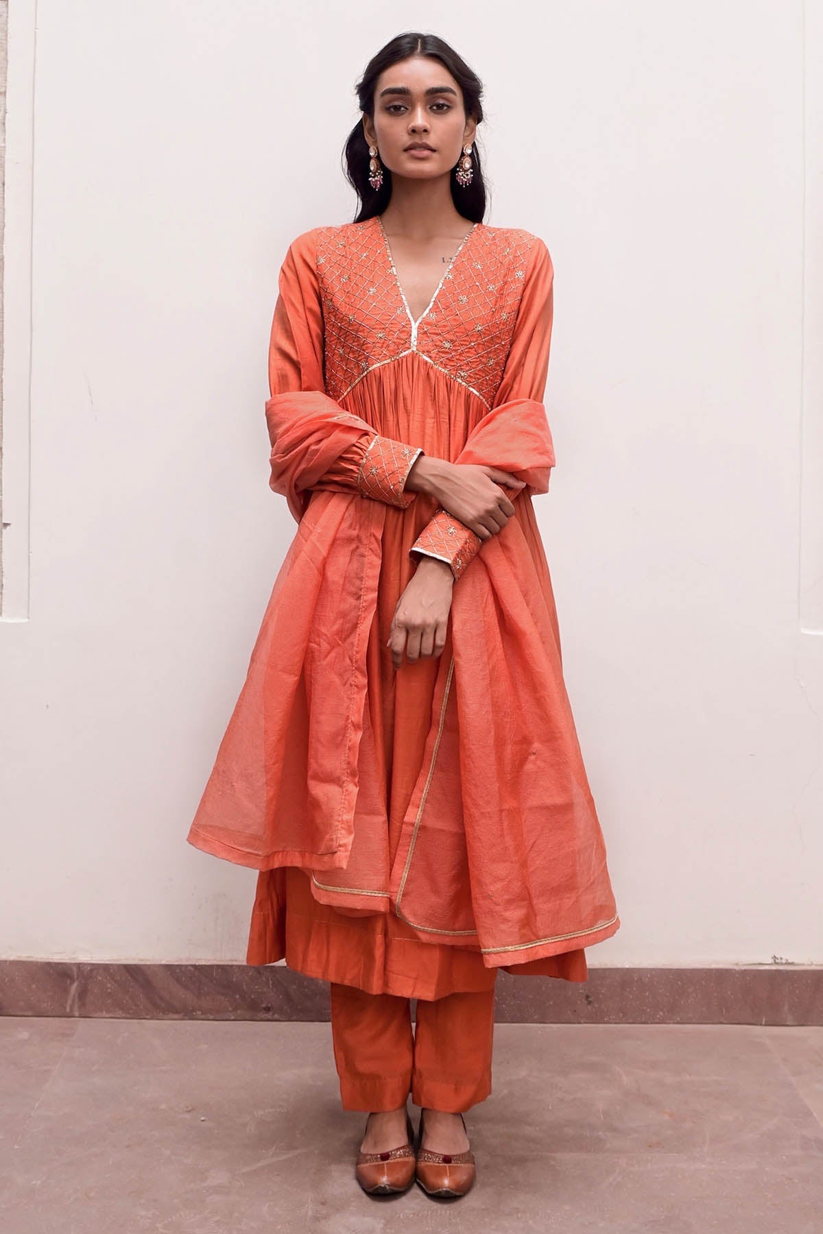 Taro India Orange Zari Checkered Kurta Set for women online at ScrollnShops